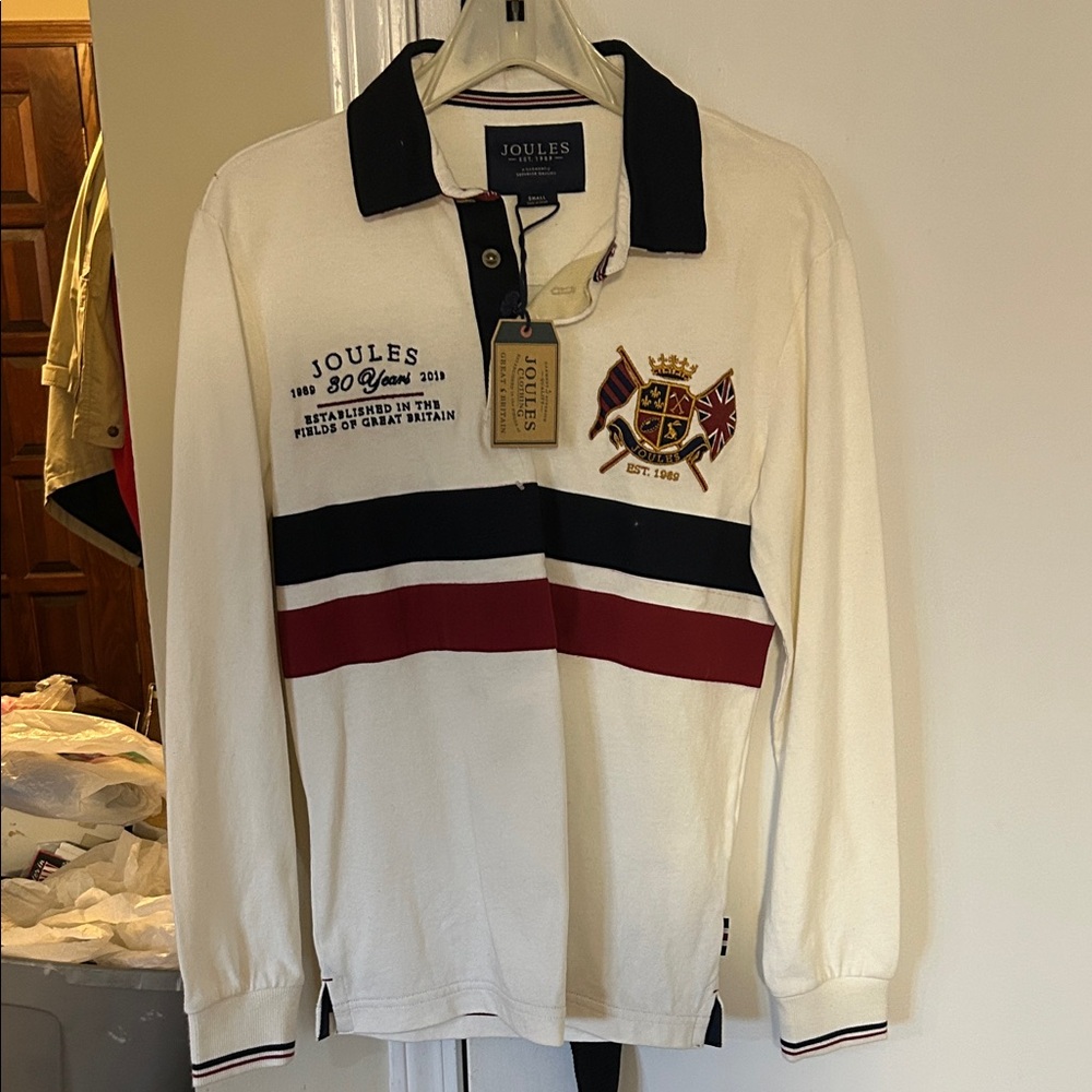 Joules Cream Rugby Polo w: Navy & Burgundy Bands size small 30th anniversary new